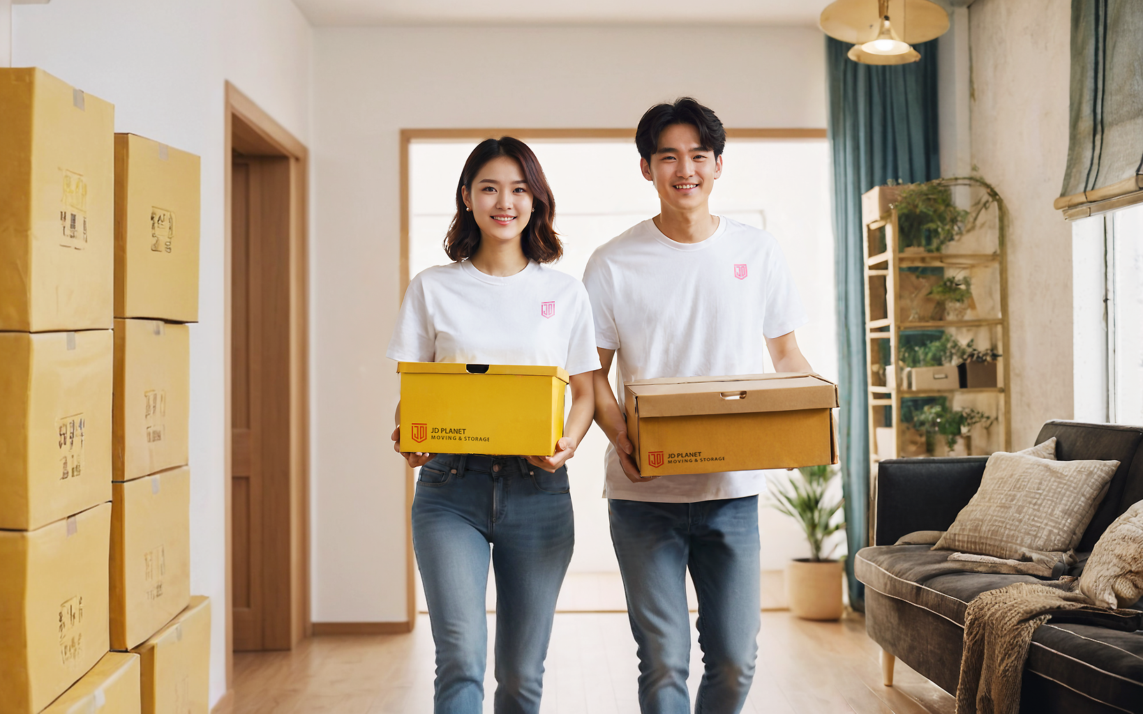 JD PLANET promotional models holding branded moving boxes in a bright home