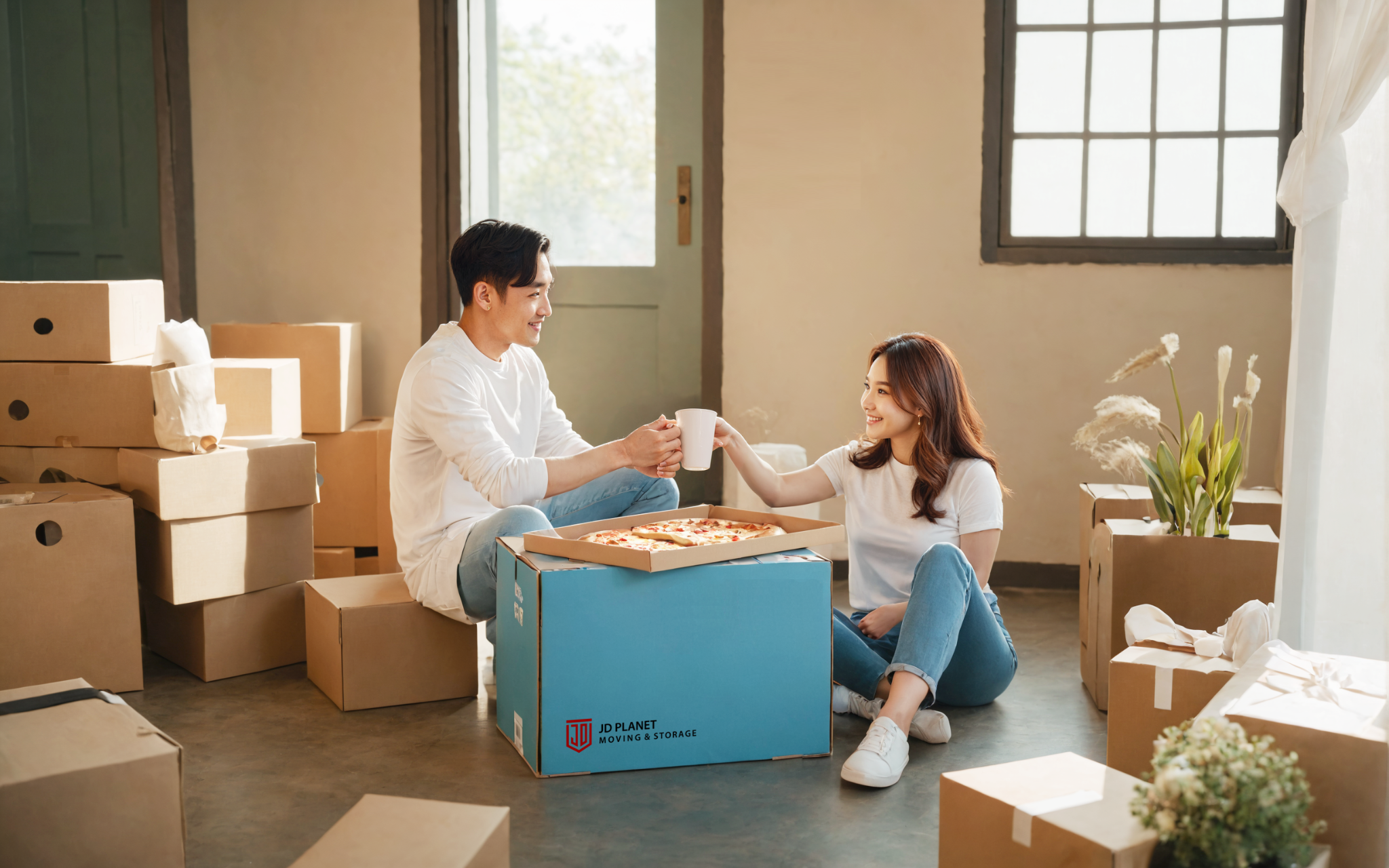 JD PLANET lifestyle image of two people settling into a home with moving boxes